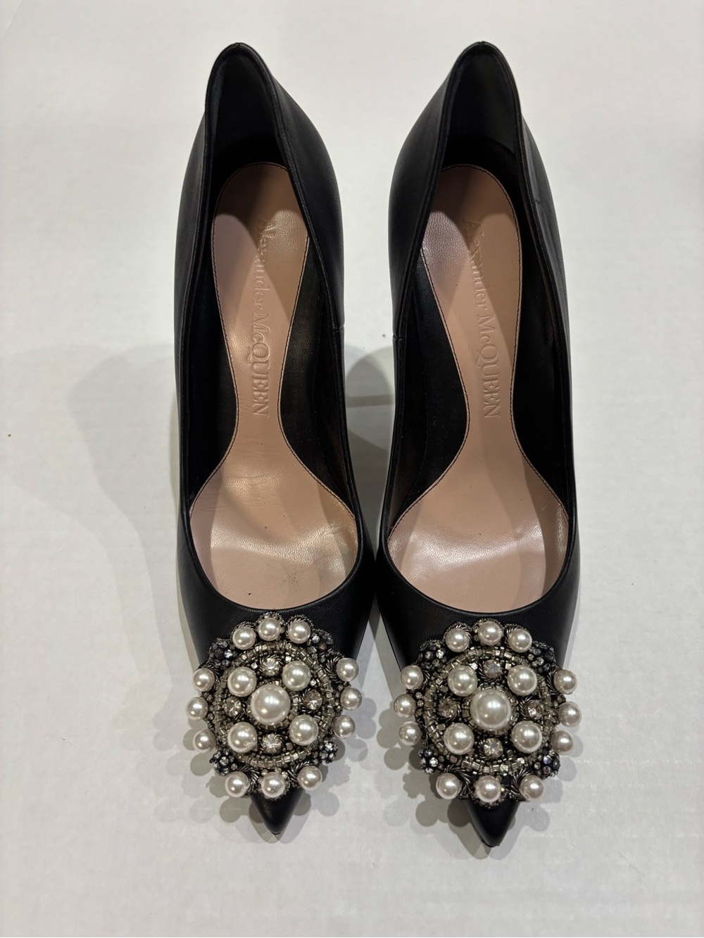 Black Pearl-Embellished Pointed Toe Heels - Women